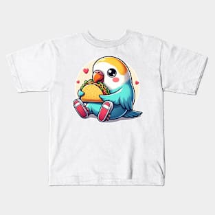 cute love birds are eating Mexican specialties, Tacos, Burritos, Enchiladas, Quesadillas, Guacamole, Fajitas, Chiles Rellenos, Tamales, Mole, Chilaquiles, Kids T-Shirt